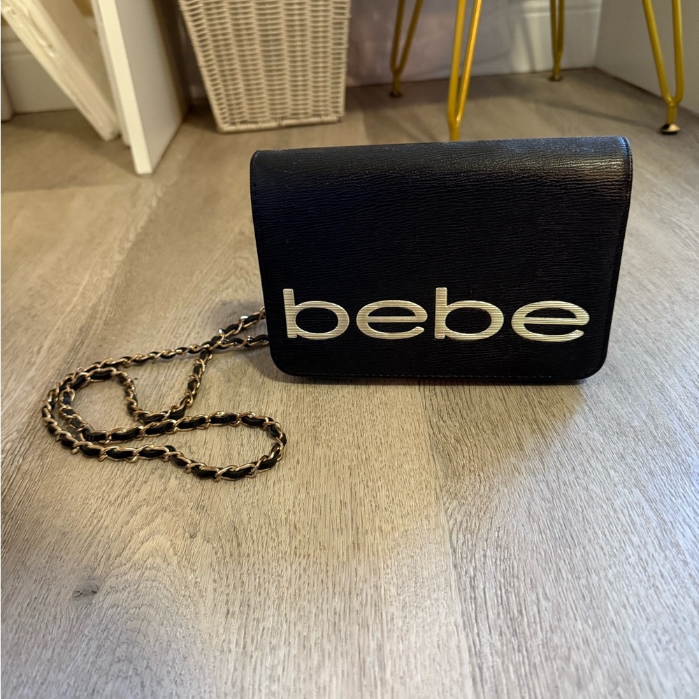 Bebe Black Crossbody Bag with Gold Chain Detail